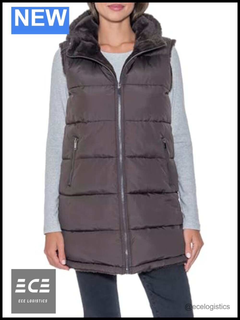 Women's Long Reversible Puffer Vest Hooded Faux Fur Lined Winter Warm Sleeveless